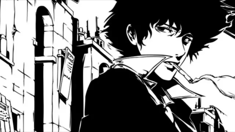 real people, silhouette, anime boy, spike spiegel, cowboy bebop, day, built structure, anime art, building exterior, 1080P, standing, smoking, rear view
