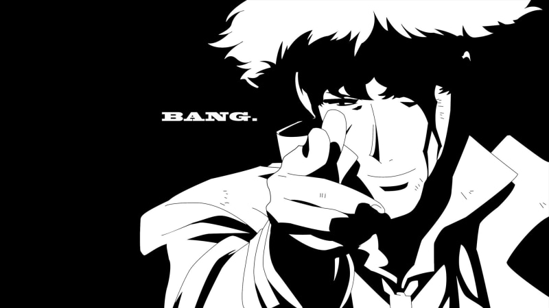 anime boys, art and craft, 1080P, indoors, obscured face, Spike Spiegel, standing, studio shot, one person, real people, young men, black background, headshot