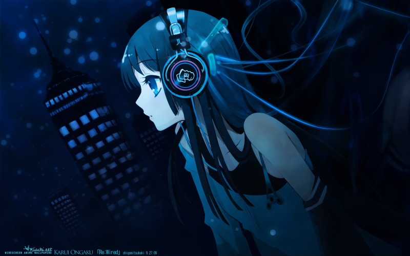 illustration, indoors, pattern, arts culture and entertainment, blue eyes, music, black, communication, anime girls, no people, 2K, 2009 (Year), digital composite