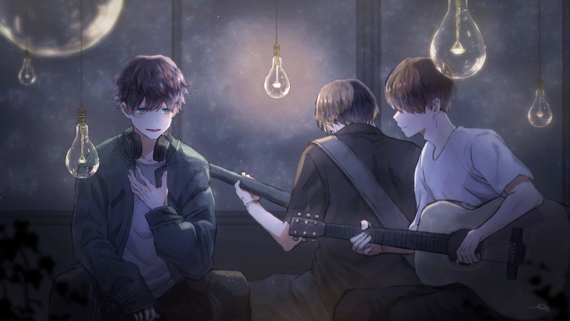 4K, anime, headphones, anime boys, guitar
