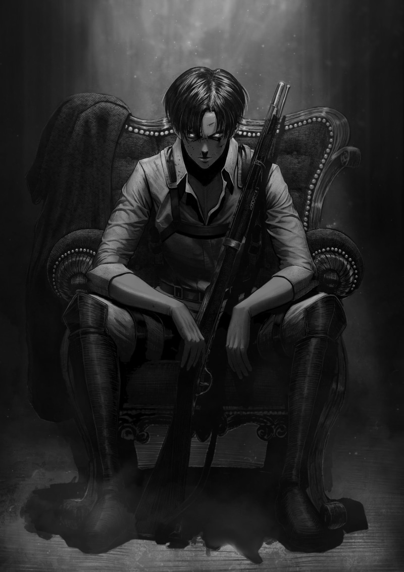 anime boys, 2K, digital art, Shingeki no Kyojin, rifles, gray, short hair, black hair, Levi Ackerman, fan art