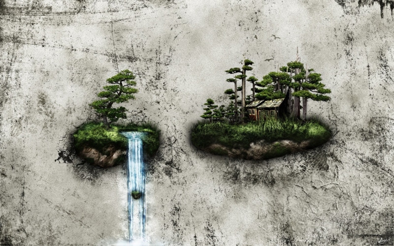 water, black, motion, day, artwork, 1080P, digital art, bonsai, pipe - tube, green color, waterfall, old, land, built structure, architecture, grunge