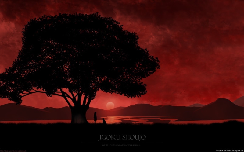Jigoku Shoujo, bonsai, no people, trees, Enma Ai, mountain range, mountain, sunset, fantasy art, 1080P, text, western script, cloud - sky, silhouette