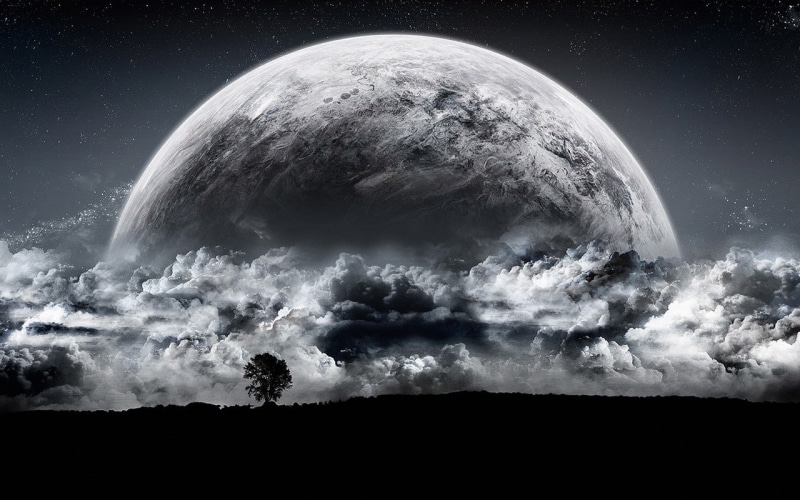 clouds, moon, sky, 720P, fantasy, tree, full moon, moonlight, stars, full
