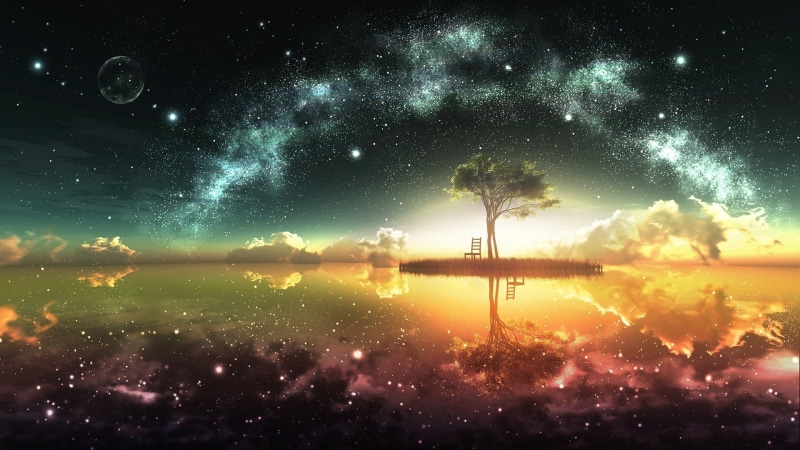 reflection, water, space art, island, anime, sky, digital art, stars, artwork, clouds, Moon, fantasy art, sunset, 1080P, chair, trees, bonsai