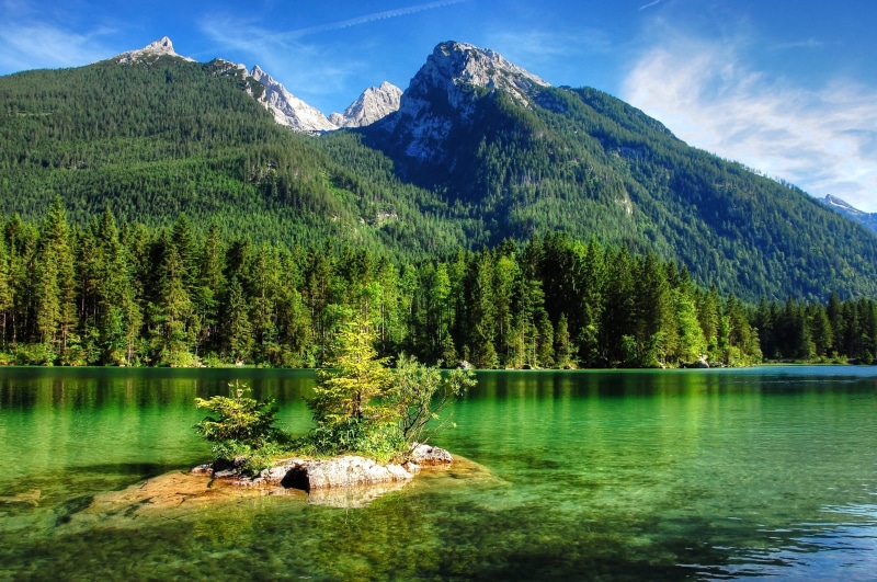 body of water, travel, mountain, ramsau, nature, reflection, panorama, blue, summit, tree, mountains, on an island, berchtesgaden, sky, plant, one animal