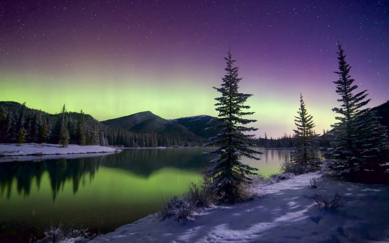 Snow, Beautiful, Sky, Trees, Stars, Northern, Lake, 1080P, Mountains, Winter, Lights