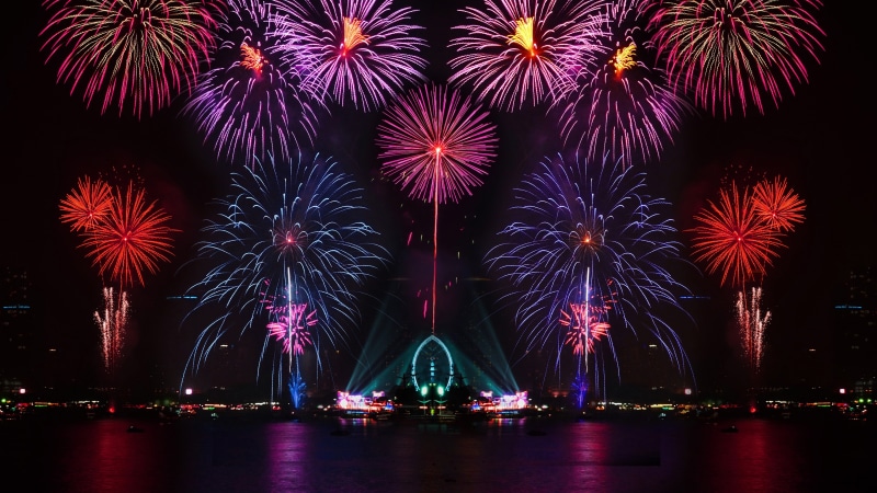City, 4K, Water, Fireworks, display, Beautiful, Lights, Night, brocade, Colorful, Reflection