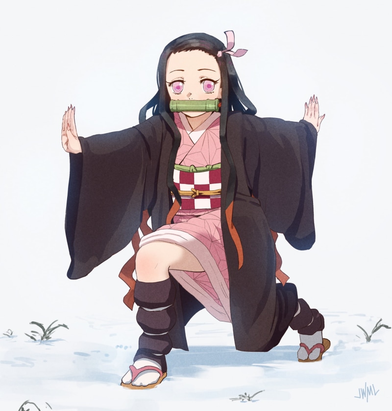 Kamado Nezuko, Japanese kimono, fan art, 2D, simple background, black hair, Kimetsu no Yaiba, thighhighs, long hair, bamboo, anime girls, 1080P, pink eyes