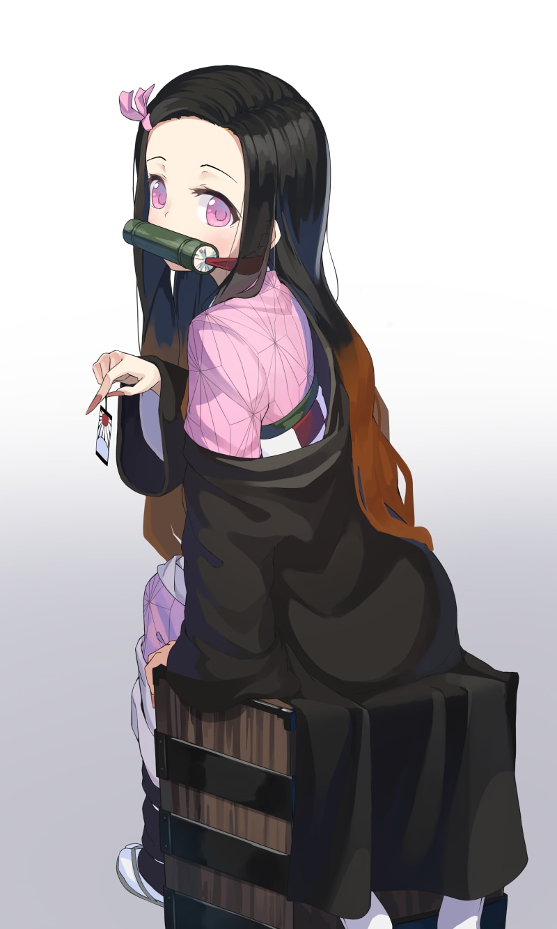Kimetsu no Yaiba, simple background, fan art, 4K, 2D, kimono, Kamado Nezuko, black hair, long hair, pink eyes, bamboo, multi-colored hair, Japanese kimono