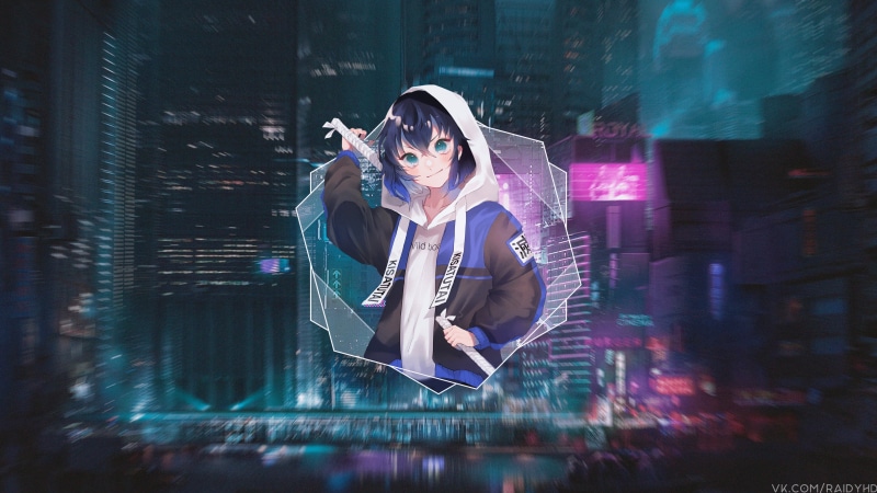 anime, picture-in-picture, Inosuke Hashibira, cyberpunk, 4K, anime boys
