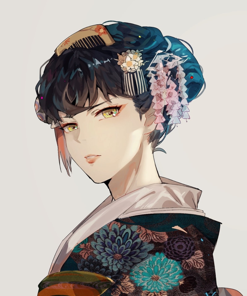 red lipstick, blue hair, Inosuke Hashibira, digital art, anime boys, yellow eyes, long hair, yukata, simple background, 2D, 720P, Japanese kimono, hair pins