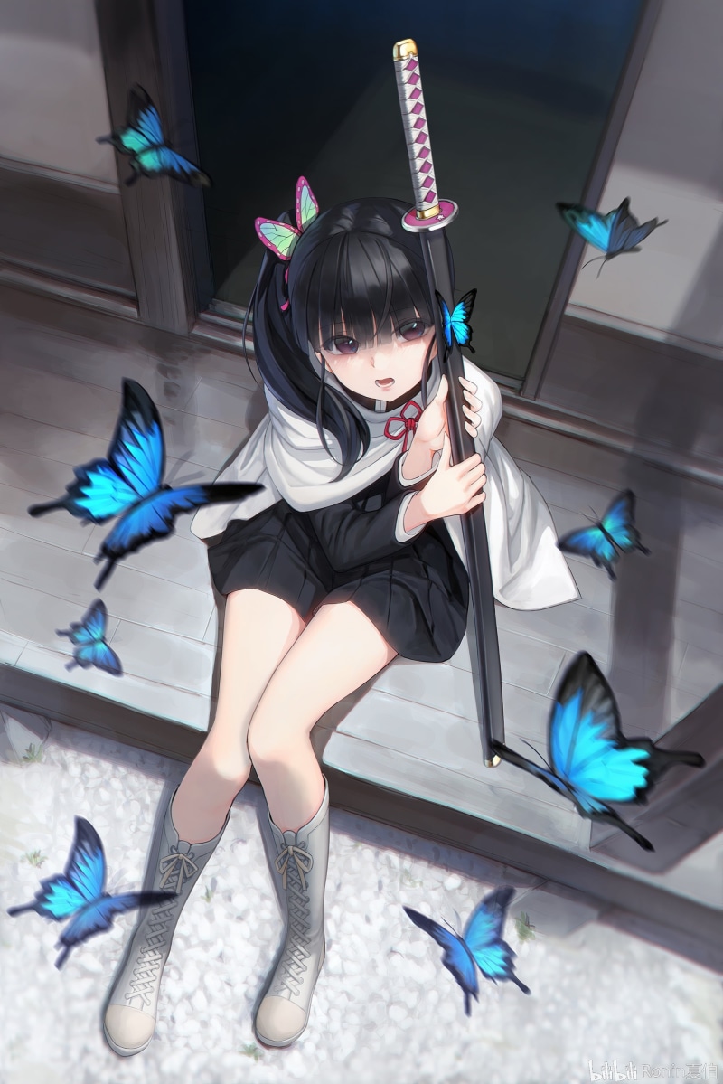 dress, Saber, Kanao Tsuyuri, anime girls, 2K, manga, butterfly, black hair, Blue Butterflies, katana, Kimetsu no Yaiba, door, boots