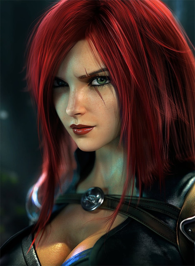 straps, women, League of Legends, katarina (league of legends), Sevenbees, freckles, 720P, straight hair, CGI, armor, long hair, lip gloss, green eyes