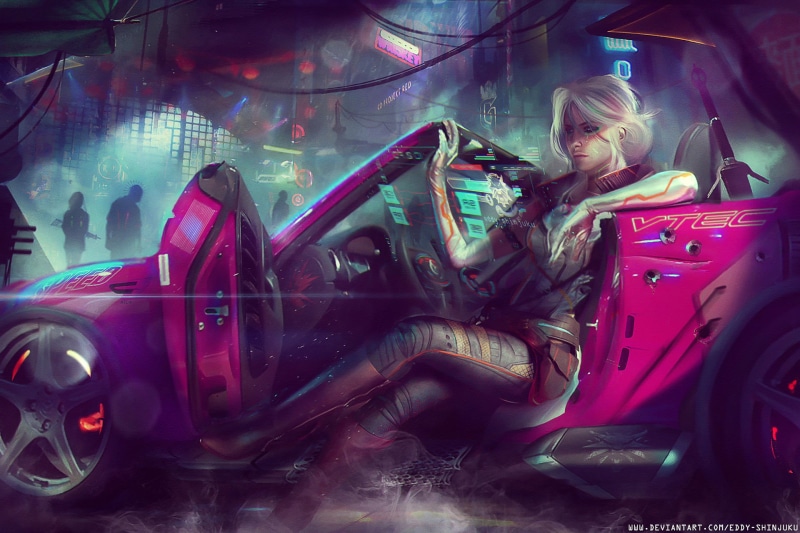 pink cars, hairbun, The Witcher, cyberpunk, drawing, silver hair, women, Cyberpunk 2077, car, 1080P, short hair, legs crossed, scars, futuristic, Cirilla
