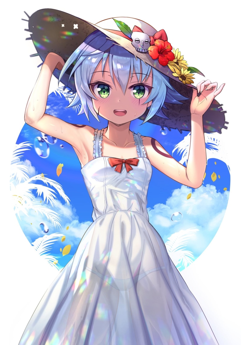 cut out, scars, event, outdoors, 1080P, anime girls, adult, multi colored, art and craft, emotion, blue hair, blue, standing, flower, sky, nature, white dress