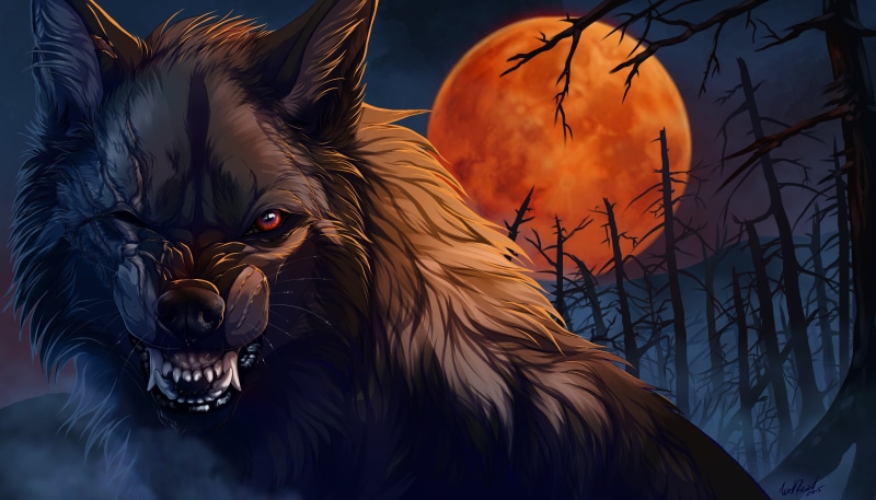 evil eye, mouth, scars, dead forest, blood Moon, wolf, night, wool, fangs, Wolfroad, 2K, mater, werewolf, art