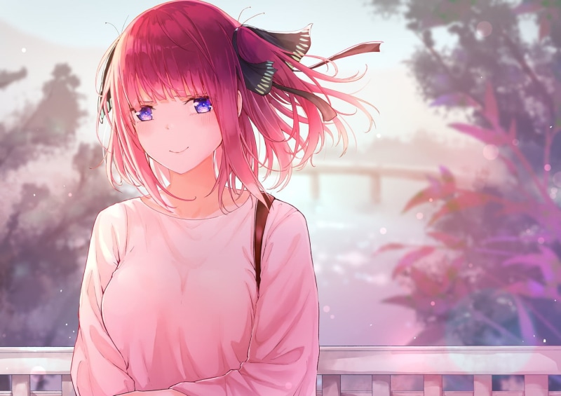 blue eyes, 5-toubun no Hanayome, digital art, 720P, Nakano, pink hair, short hair, ribbon, anime girls, Nino