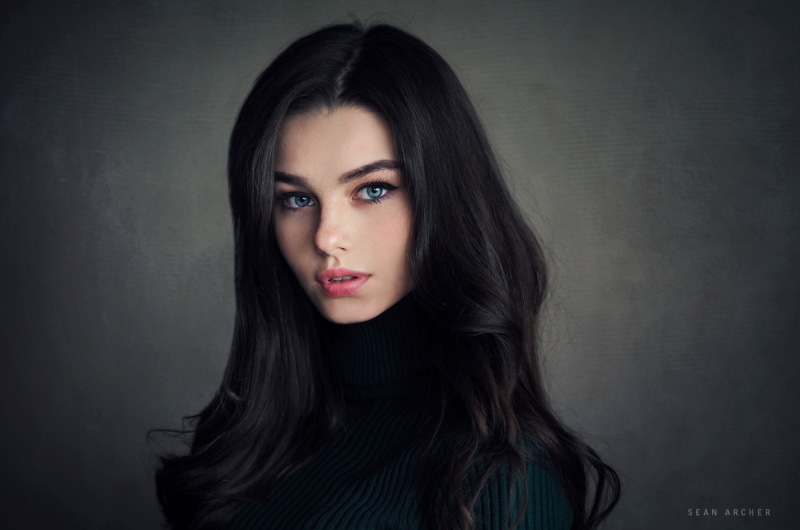 simple background, Sean Archer, women, sweater, women indoors, long hair, photography, dark hair, brunette, model, face, looking at viewer, portrait, 720P