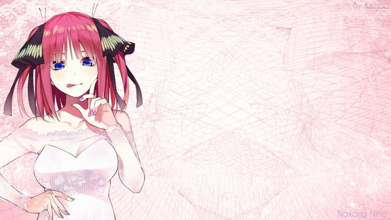 redhead, 2D, wedding dress, blue eyes, anime girls, 5-toubun no Hanayome, twintails, Nakano, anime, smiling, white dress, 1080P, pink hair, shades, purple eyes