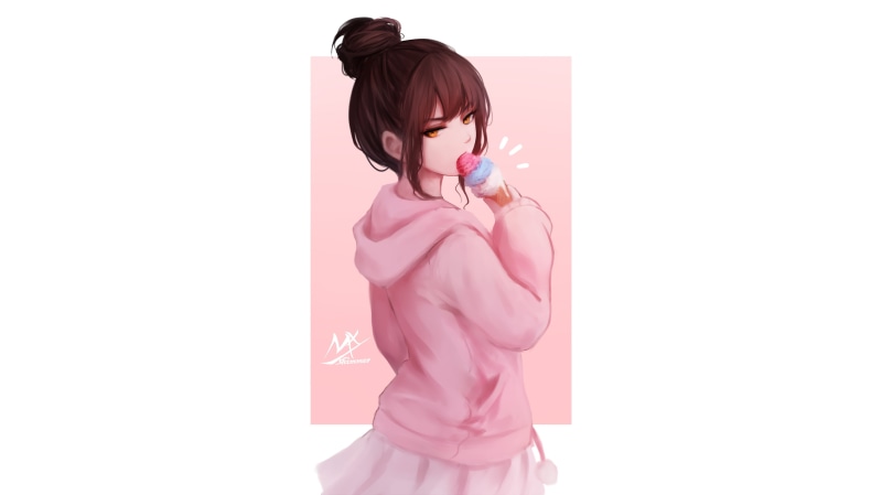 white background, anime girls, rectangle, hairbun, minimalism, original characters, 2K, skirt, pink clothing, drawing, brunette, orange eyes, anime, artwork