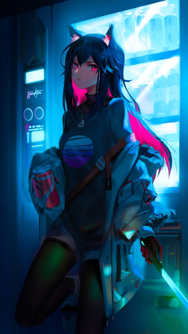 cyber, pink hair, red eyes, laser saber, 4K, drink, cat girl, black hair