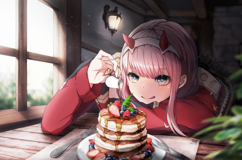 anime girls eating, Darling in the FranXX, anime girls, 4K, pink hair, blue eyes, Zero Two (Darling in the FranXX), horns