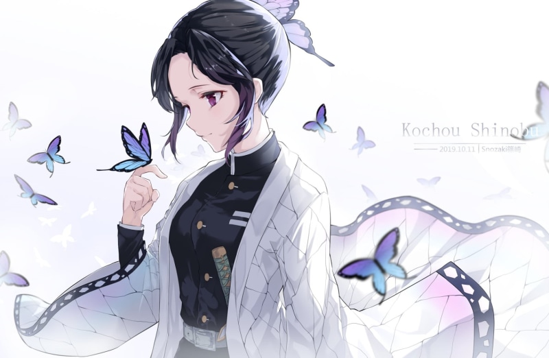 Kimetsu no Yaiba, butterfly, sword, katana, weapon, 720P, short hair, Japanese clothes, black hair, Kochou Shinobu, uniform