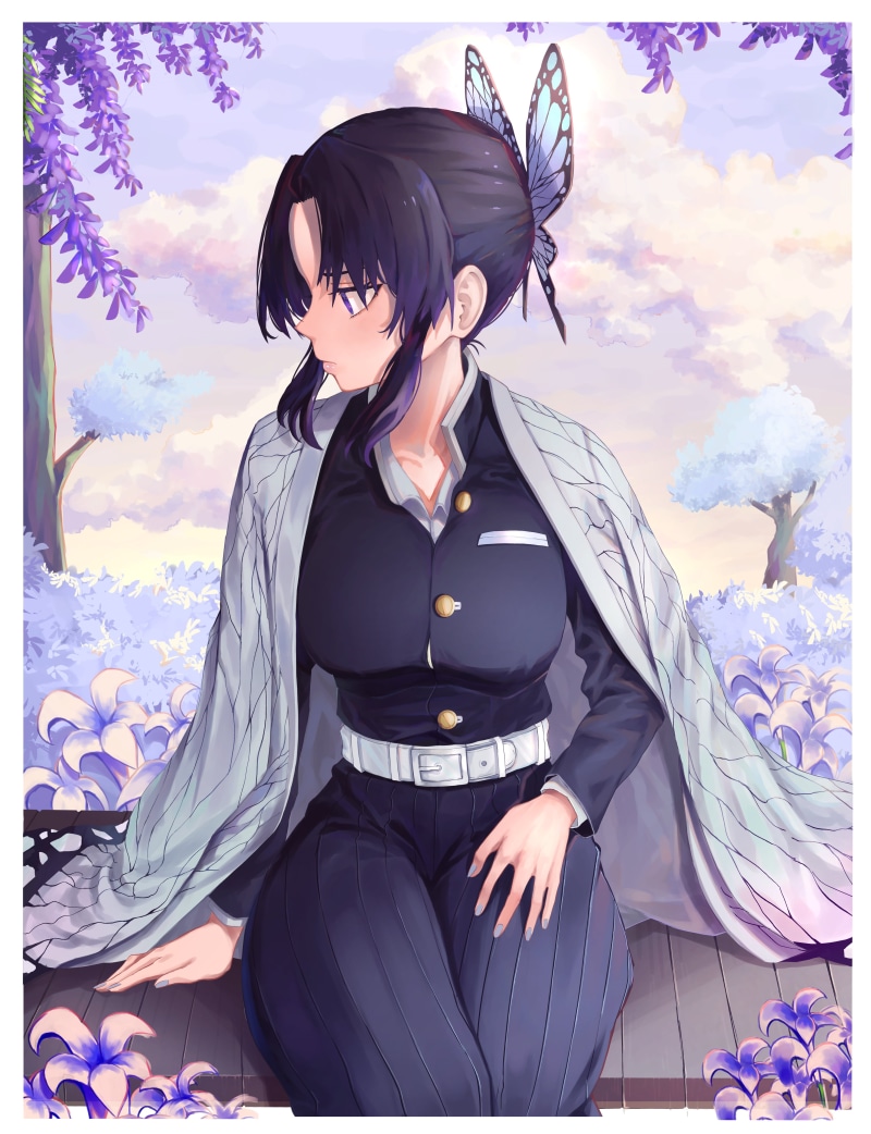 Kochou Shinobu, long hair, 4K, black hair, thighhighs, butterfly, anime girls, blue eyes, Japanese clothes, Kimetsu no Yaiba, vertical, digital art, fan art