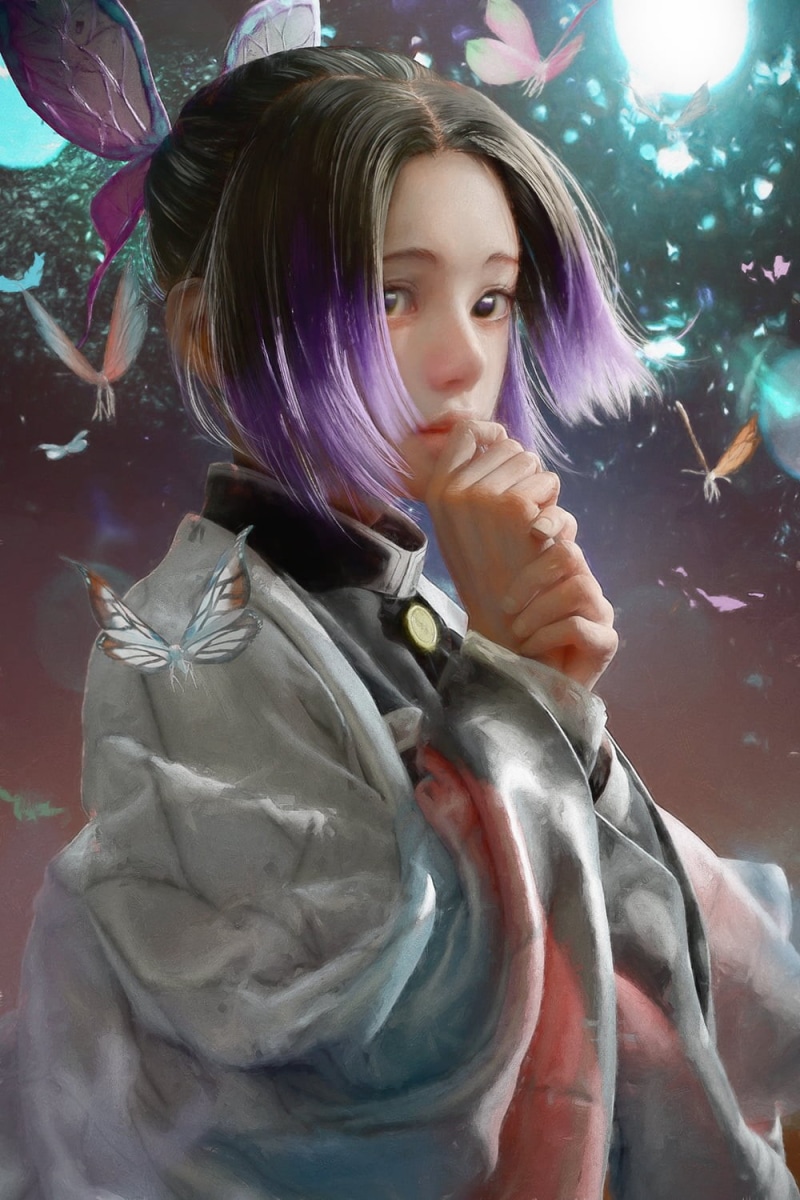 anime girls, Kimetsu no Yaiba, looking at viewer, black eyes, 720P, digital art, black hair, vertical, 2D, fan art, Kochou Shinobu, Japanese kimono, multi-colored hair