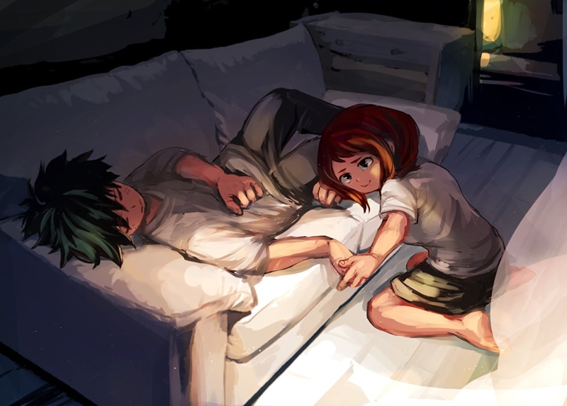 girls, Ochaco Uraraka, furniture, Anime, females, sister, indoors, innocence, front view, My Hero Academia, lying down, deku, girl, lifestyles