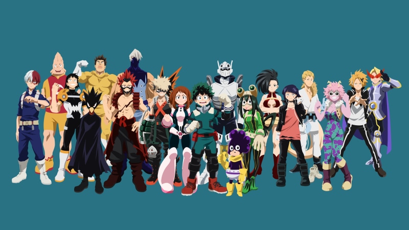 Minoru Mineta, Momo Yaoyorozu, Denki Kaminari, Yuga Aoyama, Mashirao Ojiro, Hanta Sero, Kyoka Jiro, Fumikage Tokoyami, Izuku Midoriya, Tenya Iida, Koji Koda