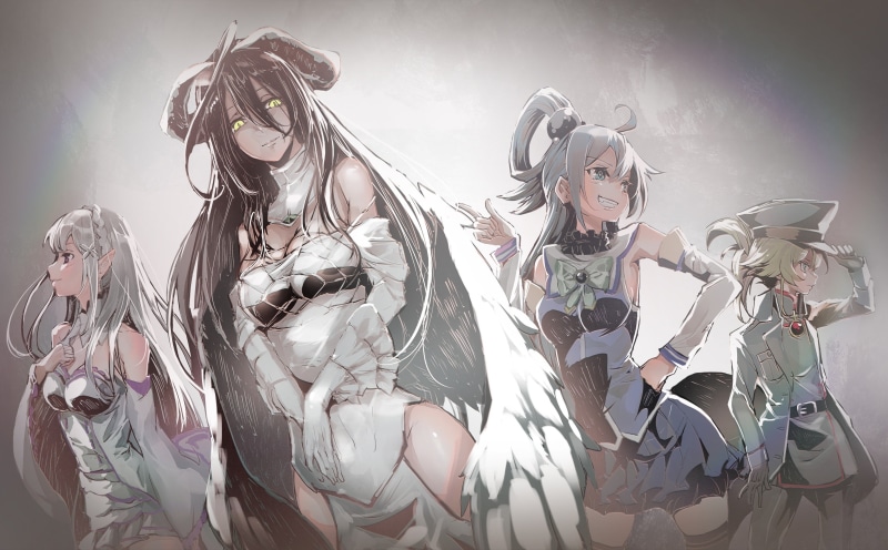 Isekai Quartet, Youjo Senki, Aqua (KonoSuba), crossover, Tanya Degurechaff, Overlord (anime), 4K, Re:Zero Kara Hajimeru Isekai Seikatsu, anime girls, Kono Subarashii Sekai ni Shukufuku wo!