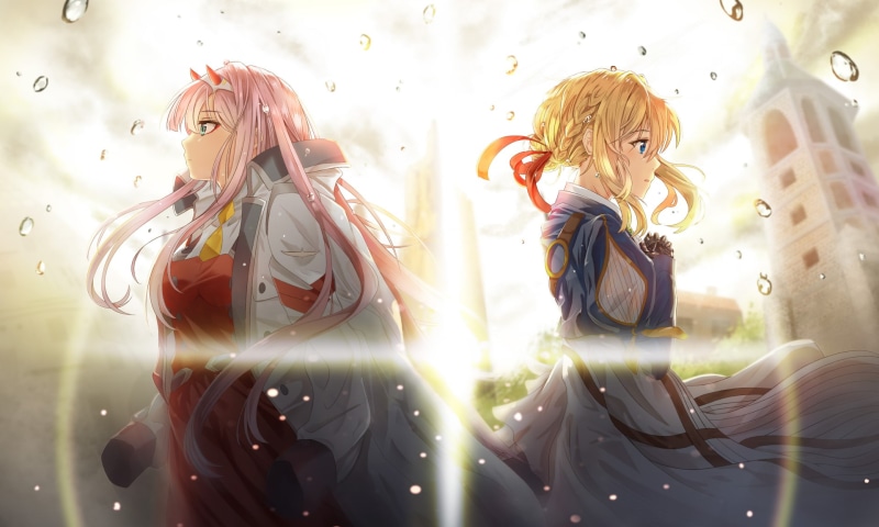 Violet Evergarden, Darling in the FranXX, crossover, pink hair, Zero Two (Darling in the FranXX), anime girls, 1080P