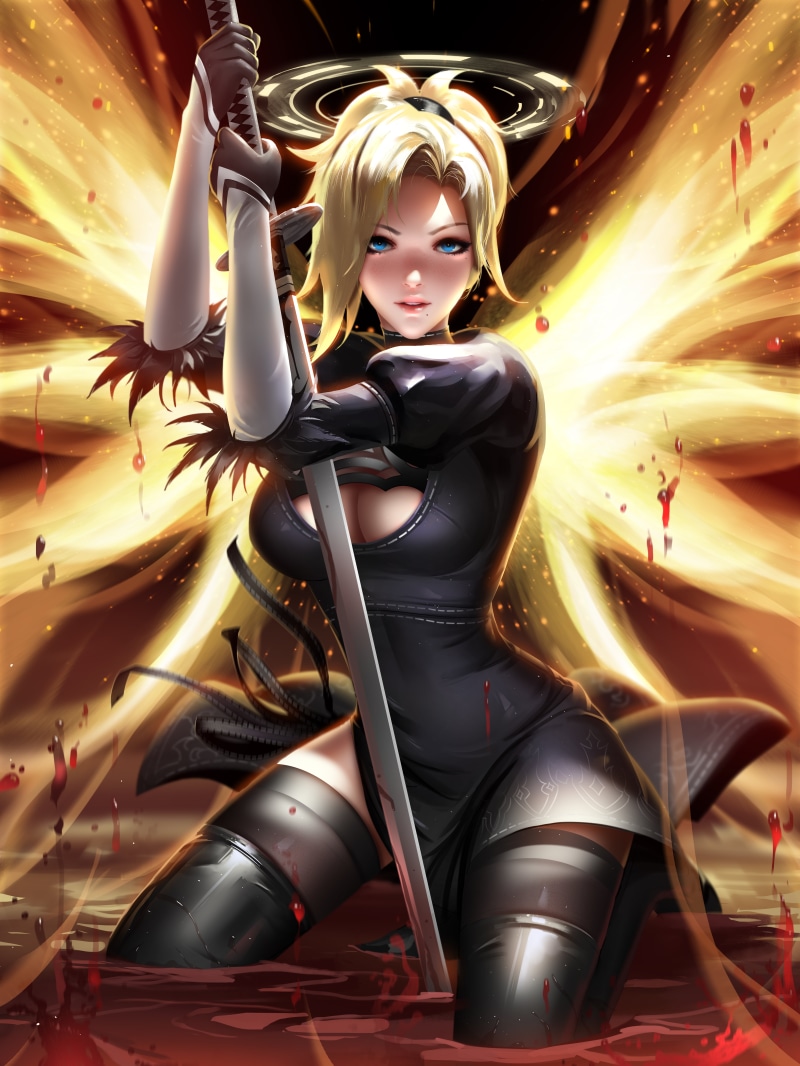 ponytail, digital art, video games, portrait, fan art, video game girls, Liang-Xing, blue eyes, video game characters, blonde, fantasy art, dress, Video Game Art