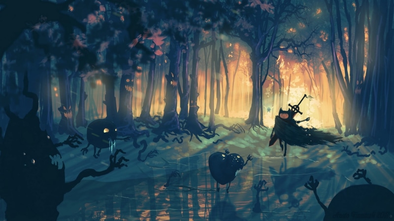 swamp, Adventure Time, Berserk, parody, fantasy weapon, fantasy armor, Black Swordsman, trees, Guts, 720P, crossover, Finn the Human
