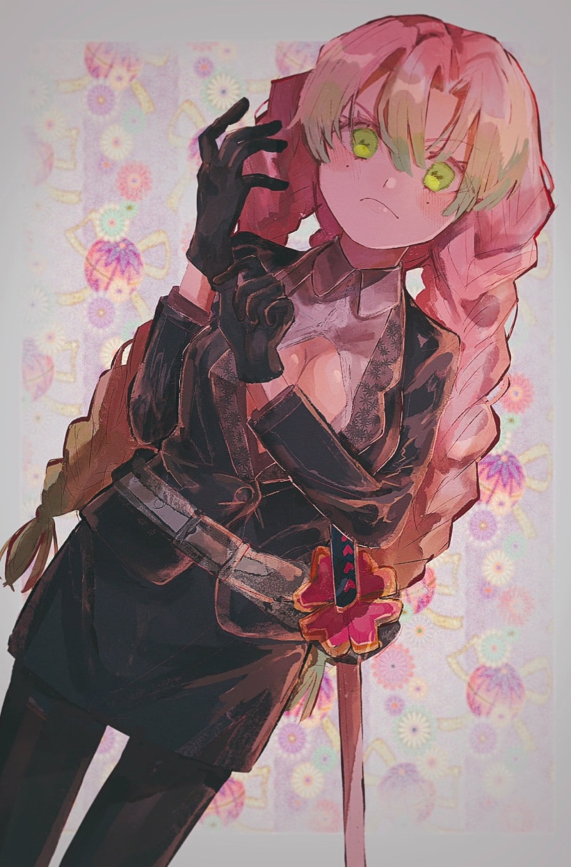 black gloves, Mitsuri Kanroji, anime girls, Kimetsu no Yaiba, green eyes, 1080P, fan art, digital art, katana, multi-colored hair, open shirt, 2D, long hair