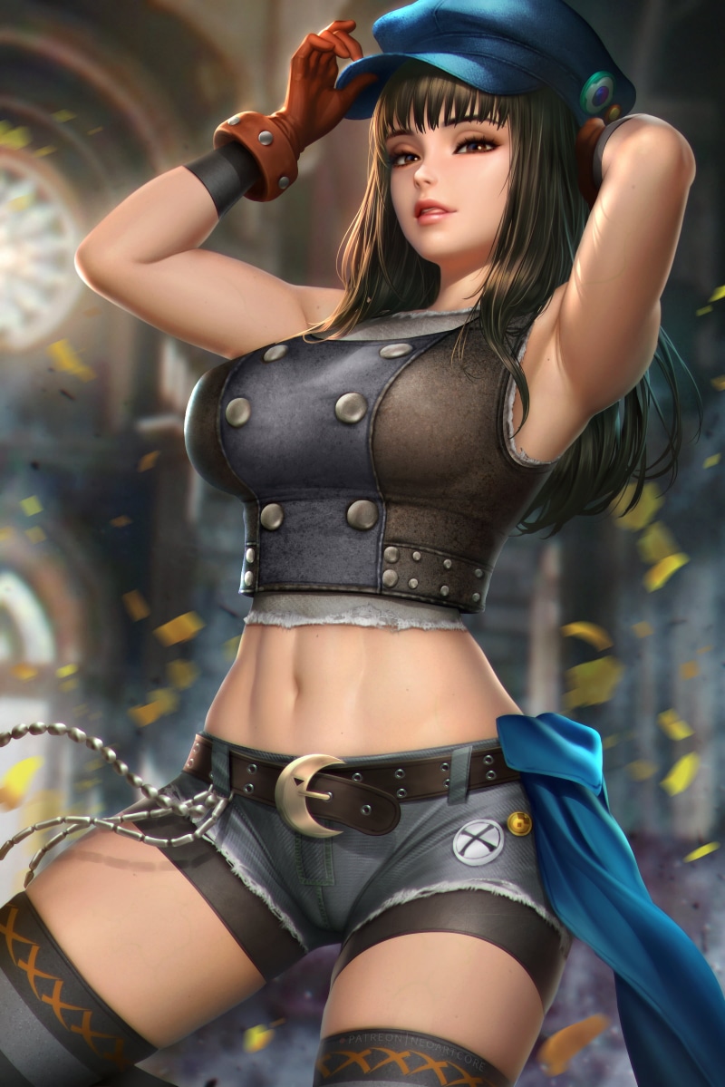 brunette, belt, long hair, short shorts, tongues, crop top, smiling, belly, depth of field, jean shorts, drawing, Kyrie Canaan (Final Fantasy), Final Fantasy