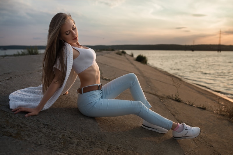 Dmitry Sn, brunette, sneakers, side view, outdoors, sunset, Viktoria Babkina, sitting, women outdoors, short tops, model, sweater, women, depth of field