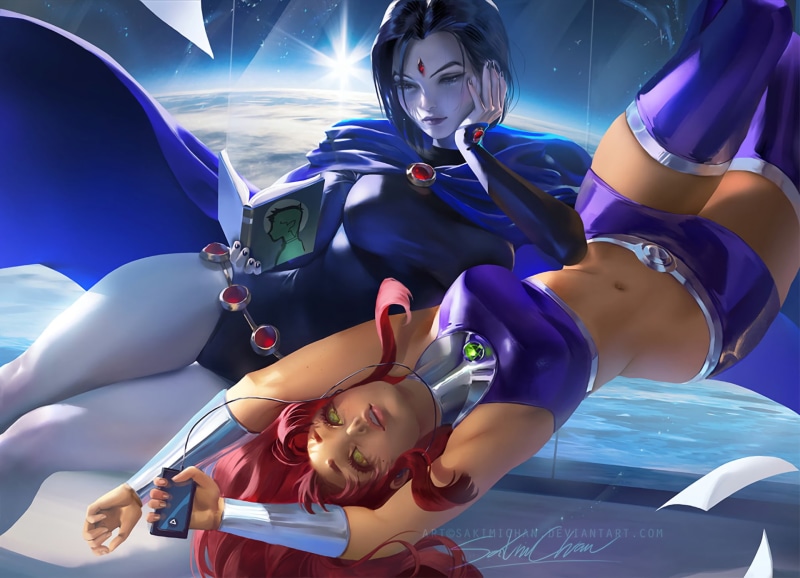 Smile, 1080P, Short Hair, Bracelet, Book, Cloak, Space, Long Hair, Flying, Belt, Thigh Boots, Starfire (DC Comics), Raven (DC Comics), Girl, Phone, Teen