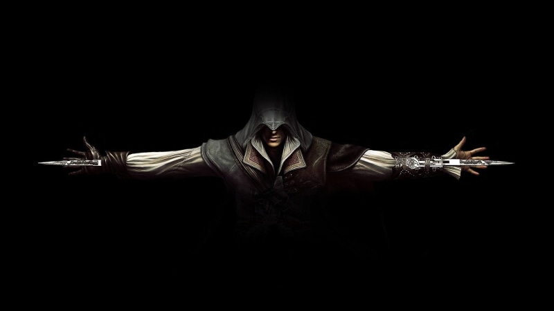 copy space, digital composite, arms raised, one person, front view, men, hand, 1080P, adult, leather, portrait, belt, limb, Assassins Creed, black, spirituality