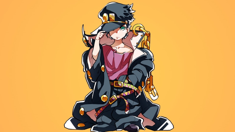 males, one person, suit, JoJos Bizarre Adventure, emotion, yellow, standing, colored background, 1080P, holding, men, clothing, studio shot, chains, young men