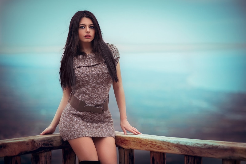 hair, minidress, water, three quarter length, belt, hips, young women, beauty, sea, looking at camera, hairstyle, bafiti, one person, young adult, leisure activity