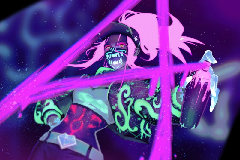 oni mask, Akali(League of Legends), looking at viewer, K/DA, spray can, graffiti, video games, fantasy girl, fan art, video game girls, belly, belt, short tops
