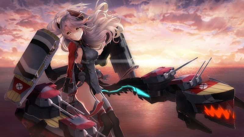 hajika, white, garter, azur, hair, long, thighhighs, sunset, com, 720P, belt, brown, 260879, clouds, water, lane, konachan, gloves, eyes, sky, anthropomorphism