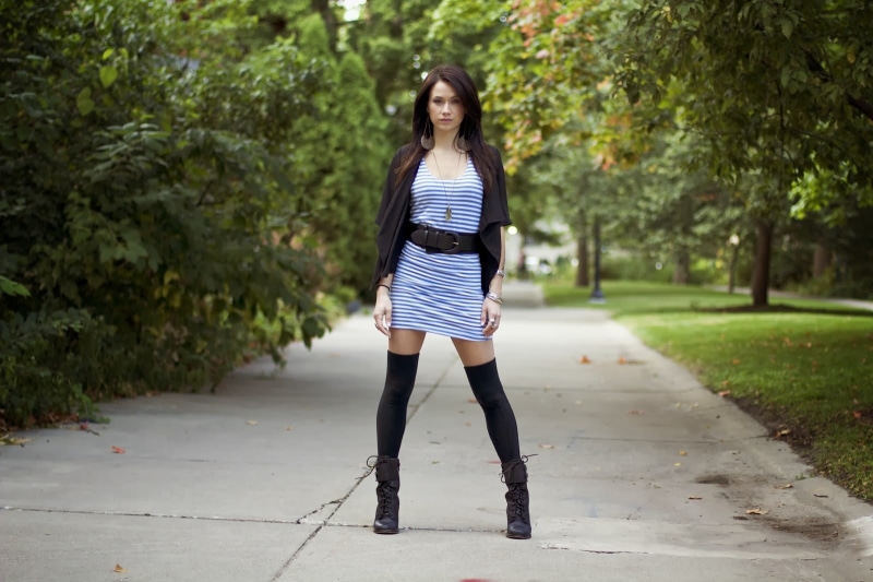 full length, white, mini, leisure activity, knee-highs, hair, black, dress, long hair, striped, blue stripes, women, looking at camera, belt, young women