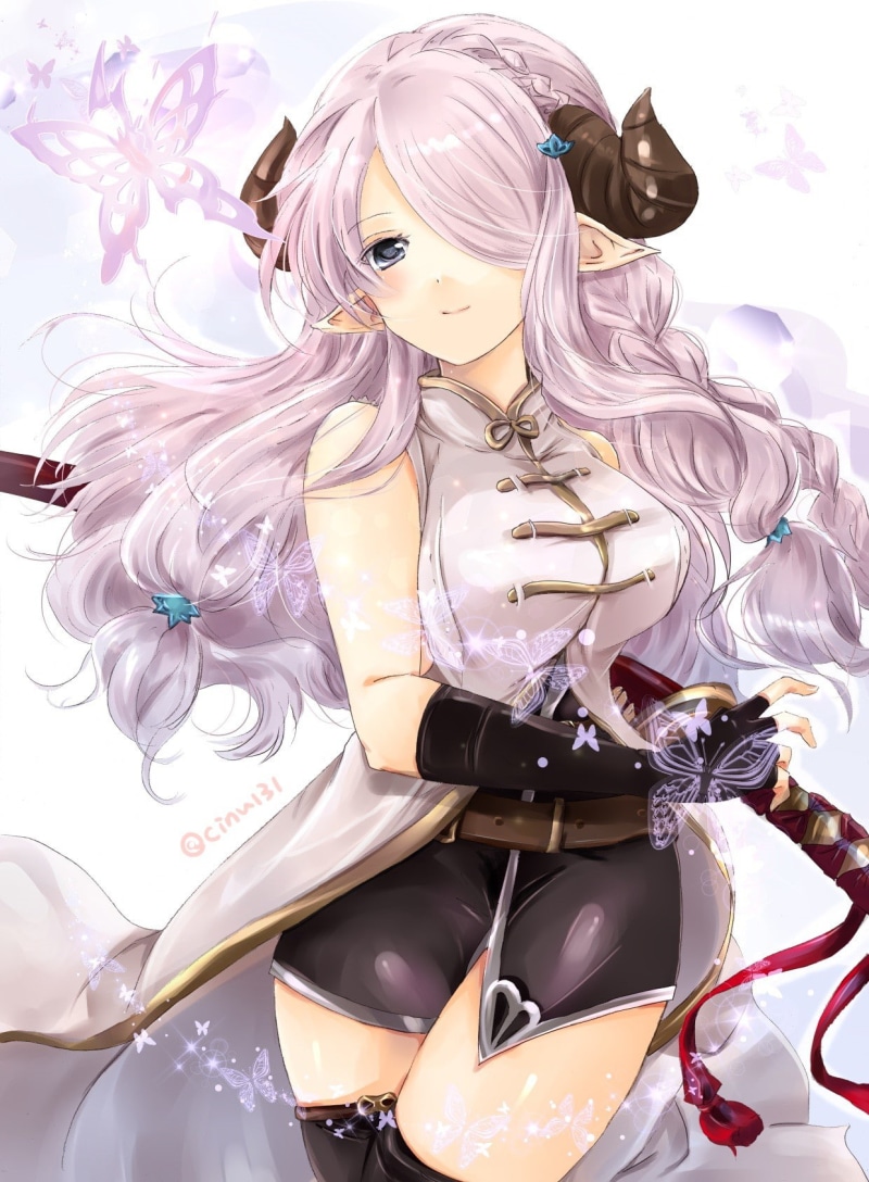 belt, digital composite, pointed ears, human representation, close-up, female likeness, metal, pink color, sword, horns, representation, white background