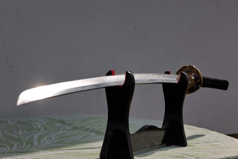 water, close-up, leather, focus on foreground, belt, sword, shadow, black, Japan, black color, white, 4K, katana, nature, transportation, day, indoors