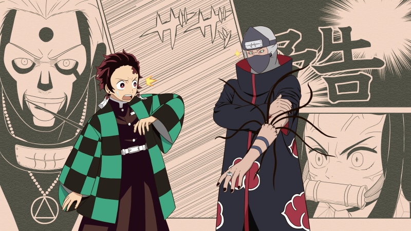 Naruto, Hidan (Naruto), Kakuzu (Naruto), Demon Slayer: Kimetsu no Yaiba, Anime, Crossover, 4K, Nezuko Kamado, Tanjirou Kamado