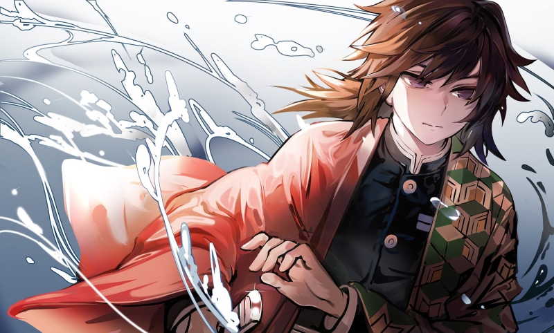 black hair, short hair, 1080P, water, Japanese clothes, Kimetsu no Yaiba, Male, Giyu Tomioka (Kimetsu no Yaiba), purple eyes